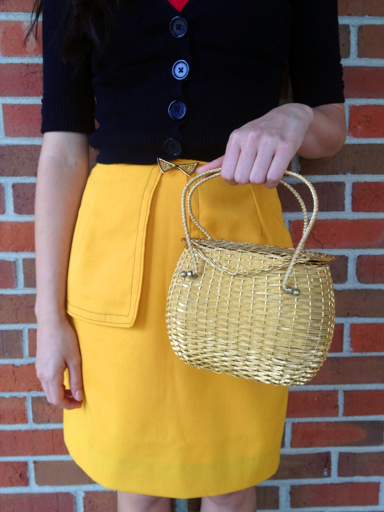 Sunny yellow peplum skirt. Salme patterns. Vintage Koret 60s gold metal basket handbag. Handmade by Conniya