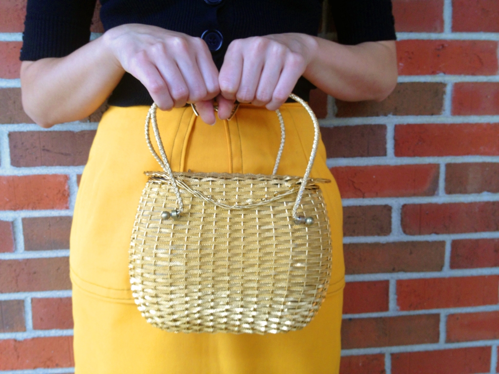 Vintage 60s Koret gold metal basket handbag with leather interior. With handmade yellow peplum skirt by Conniya.